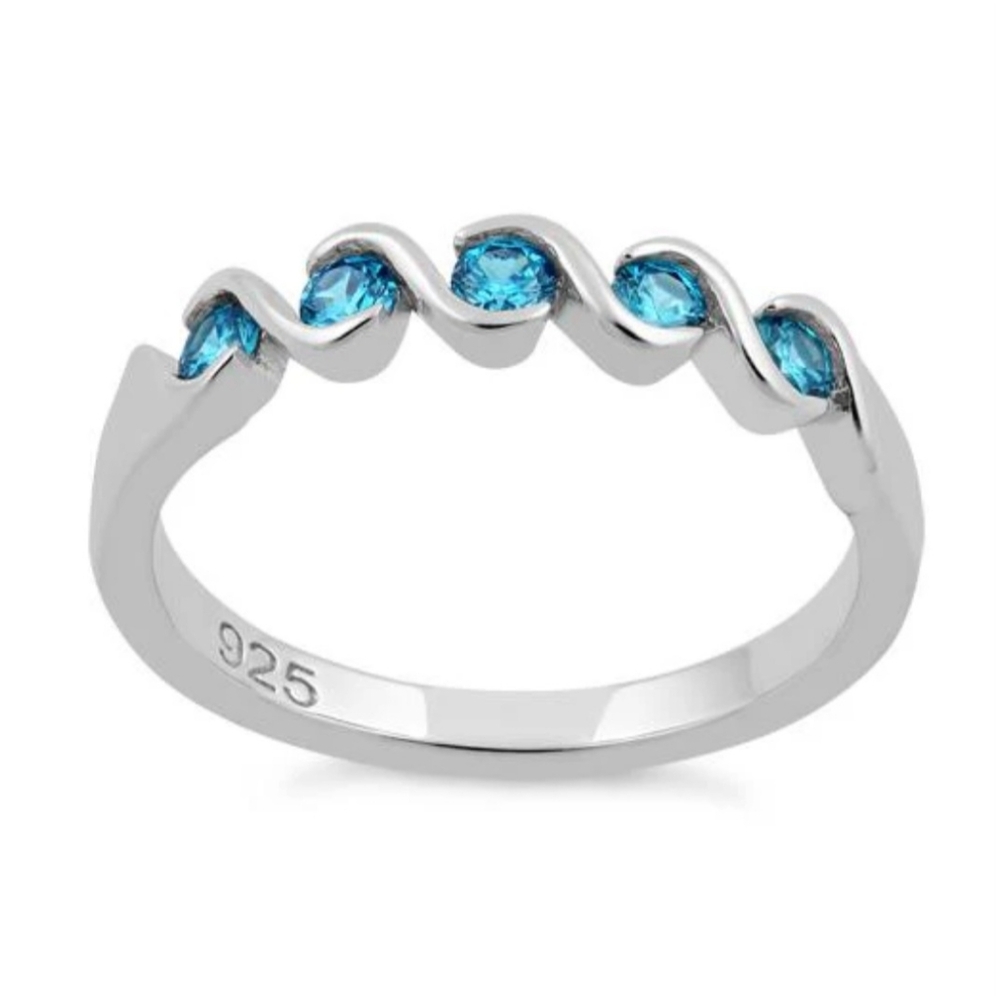 SS aqua CZ waves, solid Sterling Silver Ring, beautiful, sparkly, coastal EUC